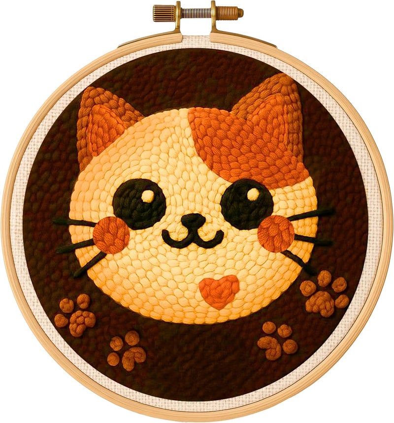 TEKWAVE Punch Needle Kit for Adults Beginners Cat Face Design, Step-by-Step Video Pre-Printed Pattern and Written Instructions, DIY Embroidery Set with Yarn, Fabric, Hoop for Home Decor Crafts - Image 1